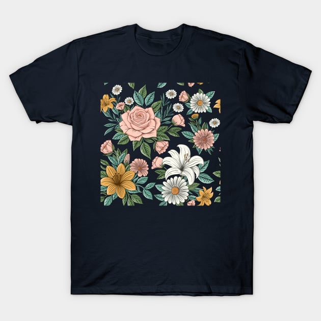 Rose, Hibiscus and Daisy Pattern T-Shirt by ilhnklv